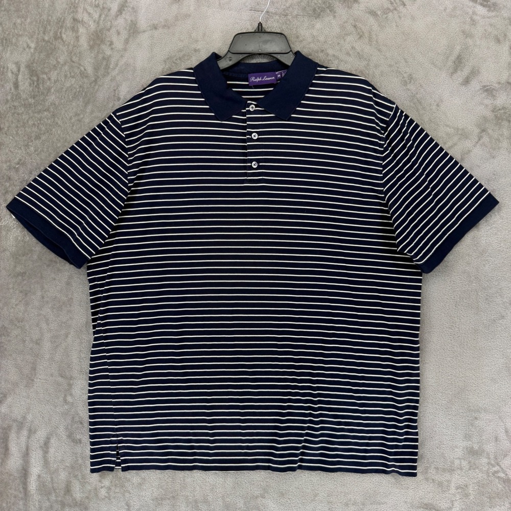 Ralph Lauren Purple Label Polo Shirt Men XXL Navy Blue White Stripe Italy Cotton